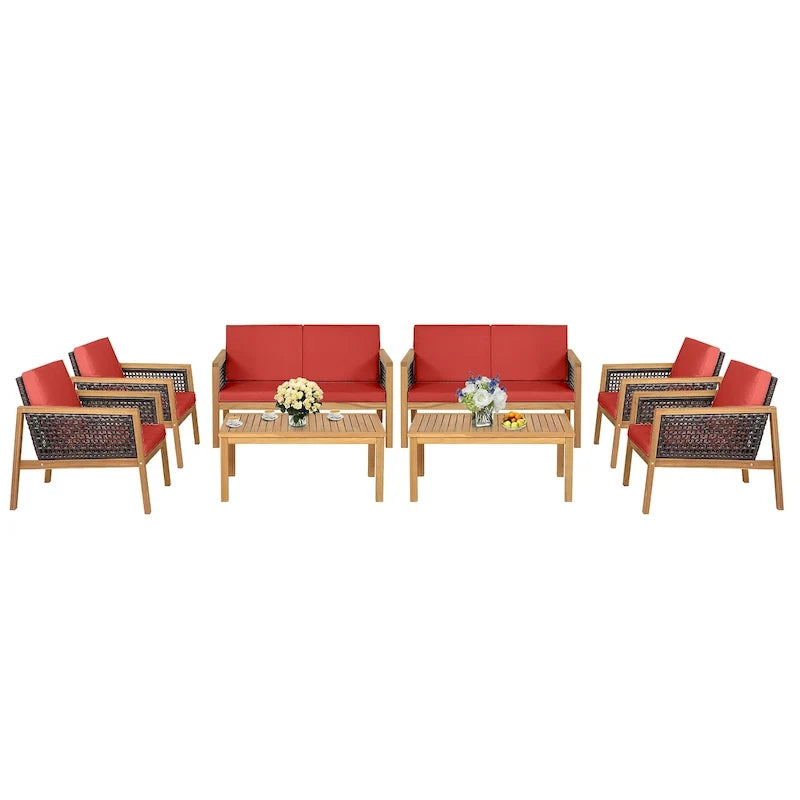 8PCS Patio Rattan Furniture Set Acacia Wood Cushioned Sofa Off