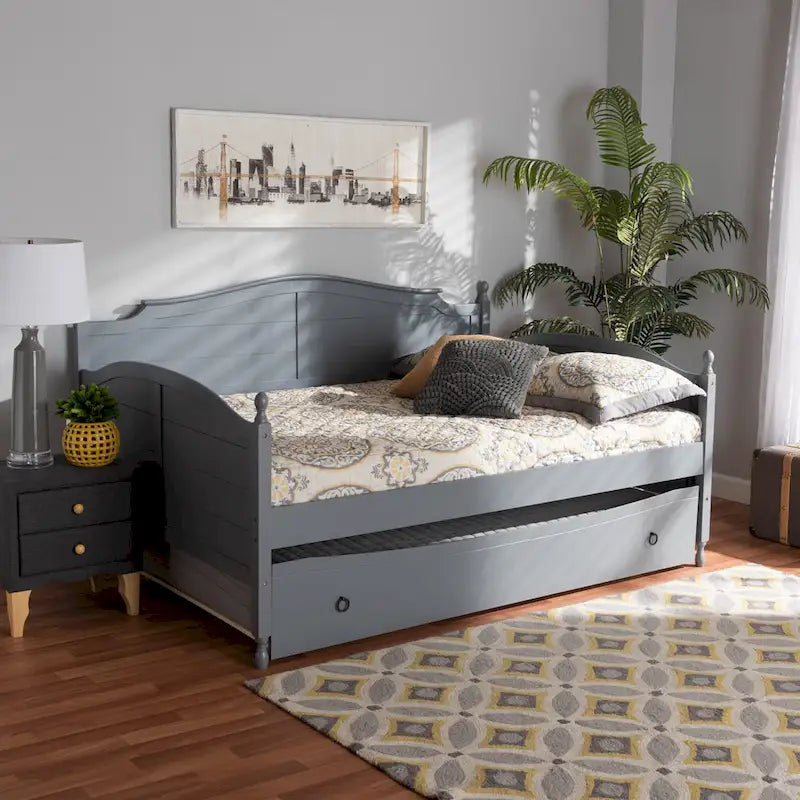 Lit de repos double pleine grandeur de style champêtre avec lit gigogne escamotable