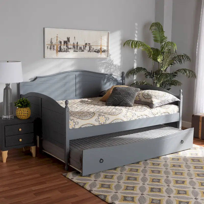 Lit de repos double pleine grandeur de style champêtre avec lit gigogne escamotable