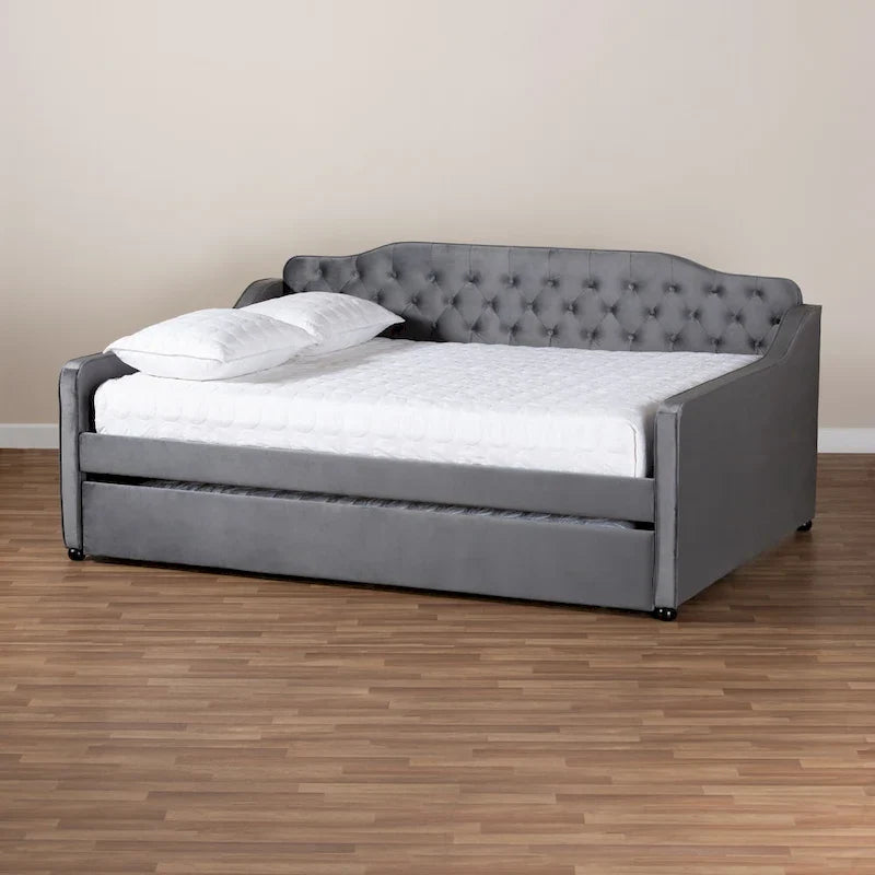 Lit de repos contemporain en velours capitonné avec lit gigogne