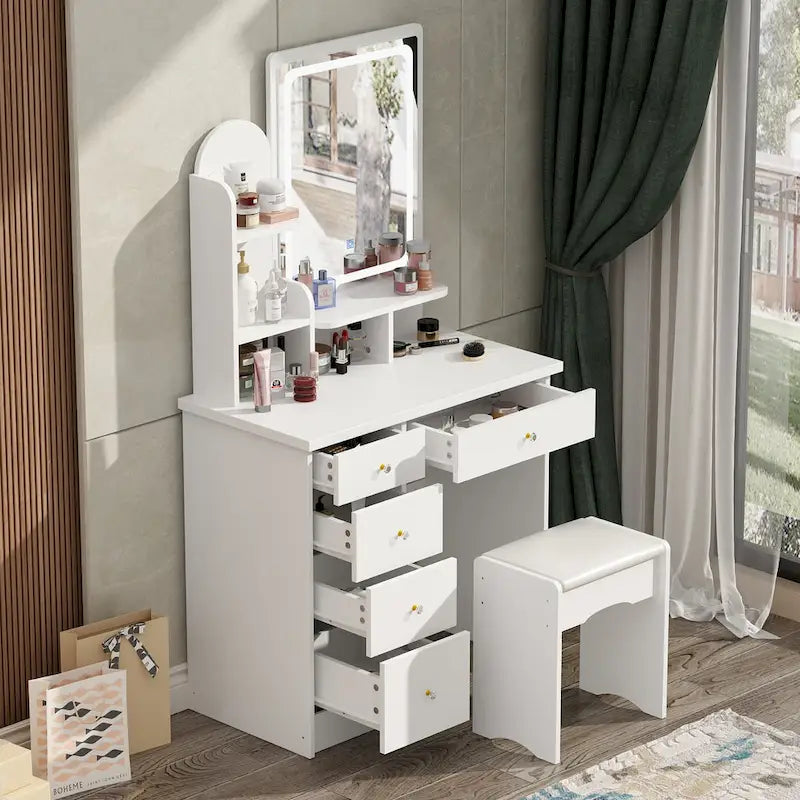 Coiffeuse avec miroir et lampe, meuble de maquillage avec tabouret