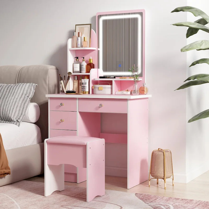 Coiffeuse avec miroir et lampe, meuble de maquillage avec tabouret
