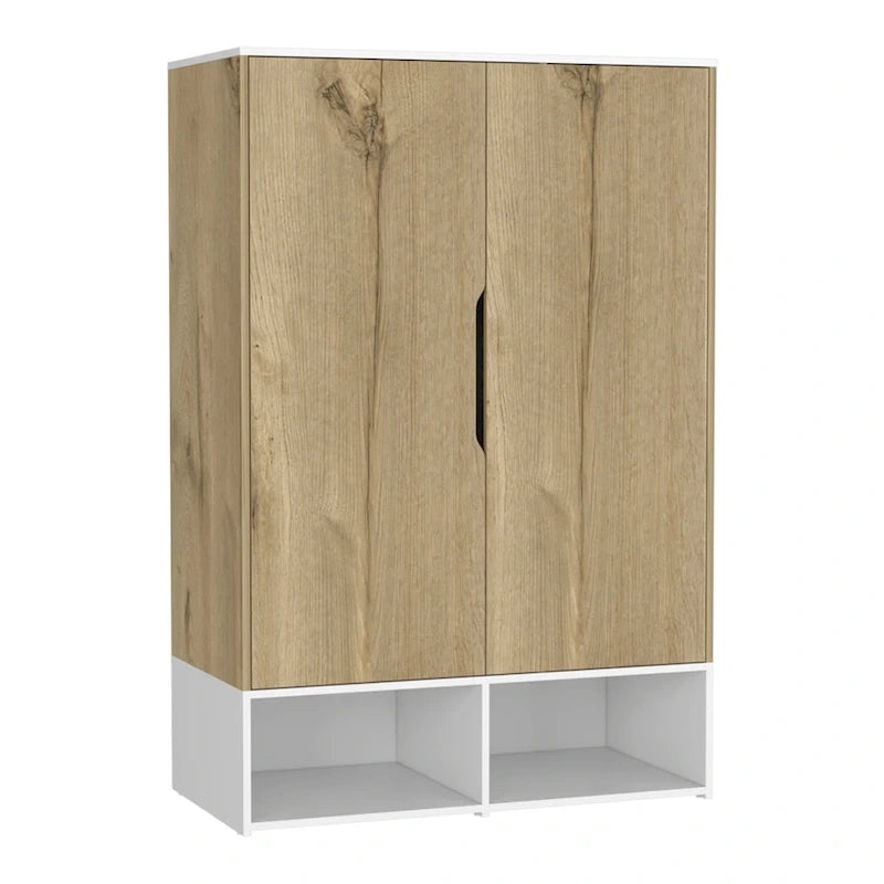 Armoire à deux portes avec deux étagères ouvertes, cinq étagères et une tringle de penderie - N/A