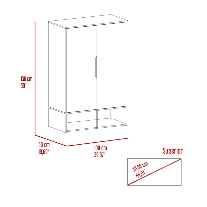 Armoire à deux portes avec deux étagères ouvertes, cinq étagères et une tringle de penderie - N/A