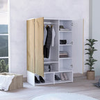 Armoire à deux portes avec deux étagères ouvertes, cinq étagères et une tringle de penderie - N/A