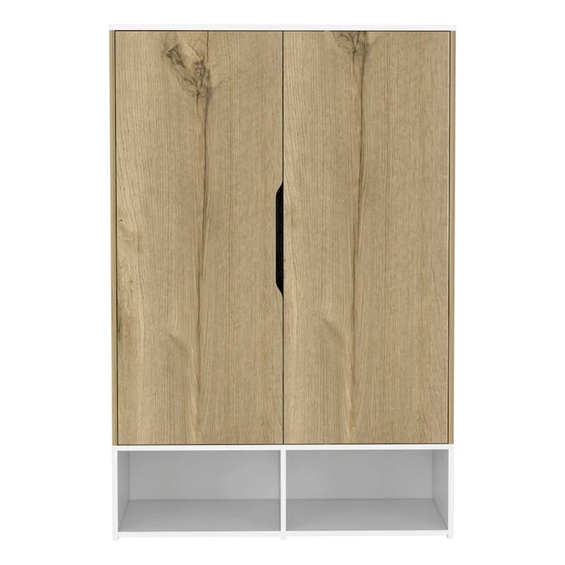 Armoire à deux portes avec deux étagères ouvertes, cinq étagères et une tringle de penderie - N/A