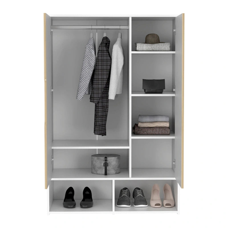 Armoire à deux portes avec deux étagères ouvertes, cinq étagères et une tringle de penderie - N/A