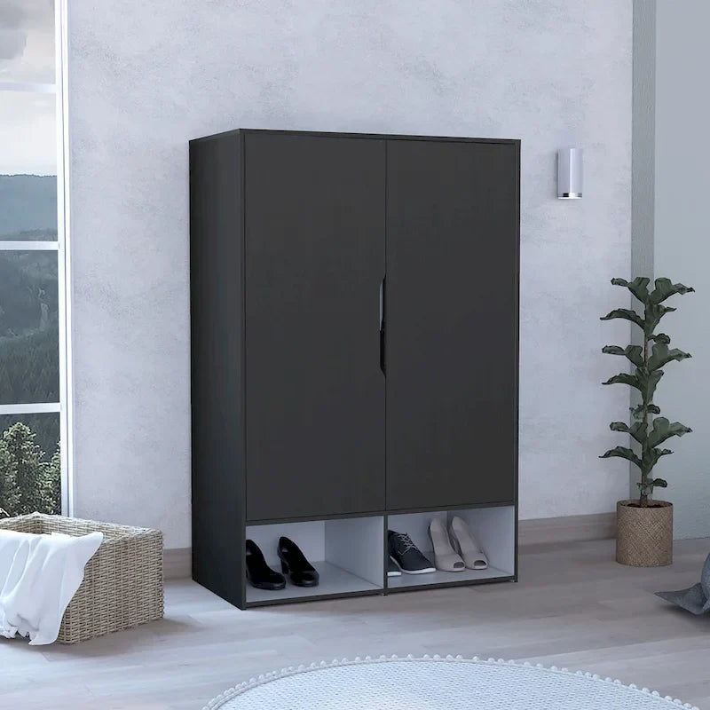 Armoire à deux portes avec deux étagères ouvertes, cinq étagères et une tringle de penderie - N/A