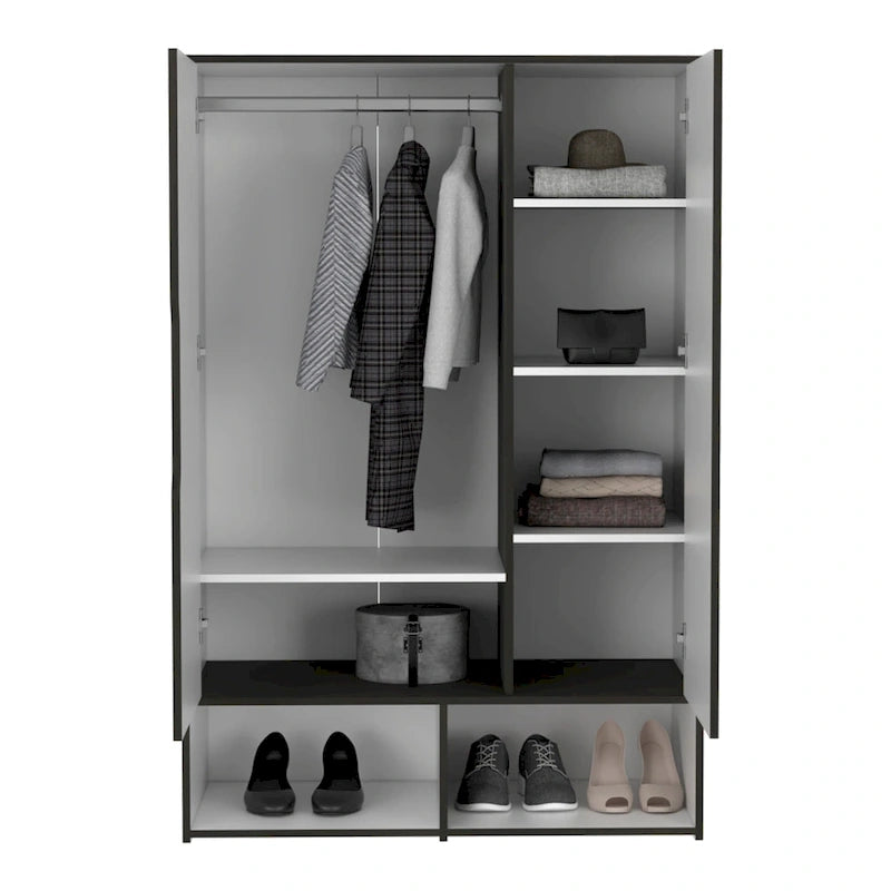 Armoire à deux portes avec deux étagères ouvertes, cinq étagères et une tringle de penderie - N/A