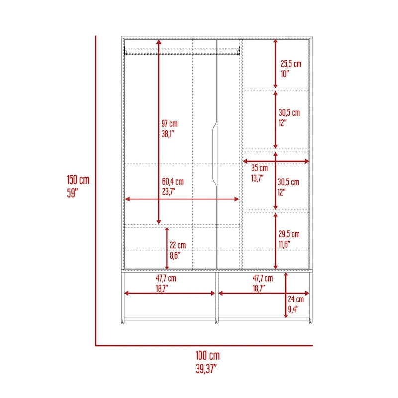 Armoire à deux portes avec deux étagères ouvertes, cinq étagères et une tringle de penderie - N/A