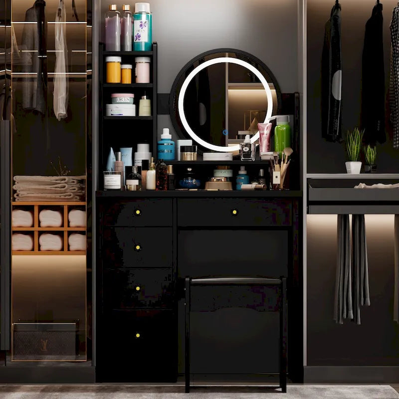 Coiffeuse 5 tiroirs avec miroir lumineux (ROSE/NOIR)