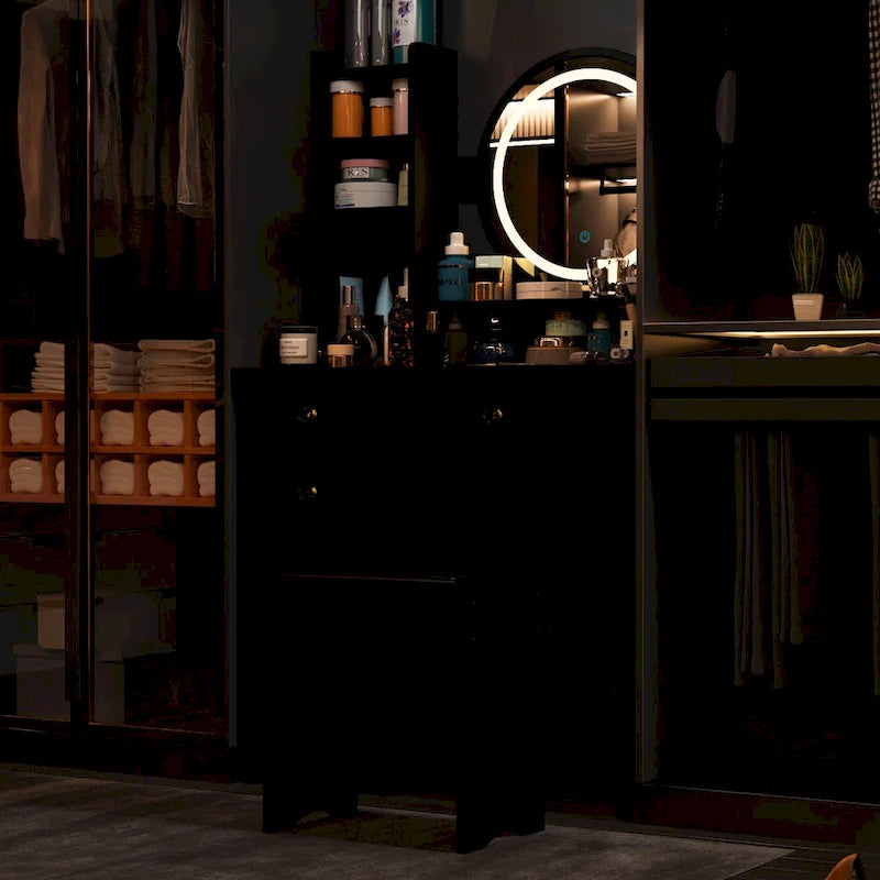 Coiffeuse 5 tiroirs avec miroir lumineux (ROSE/NOIR)