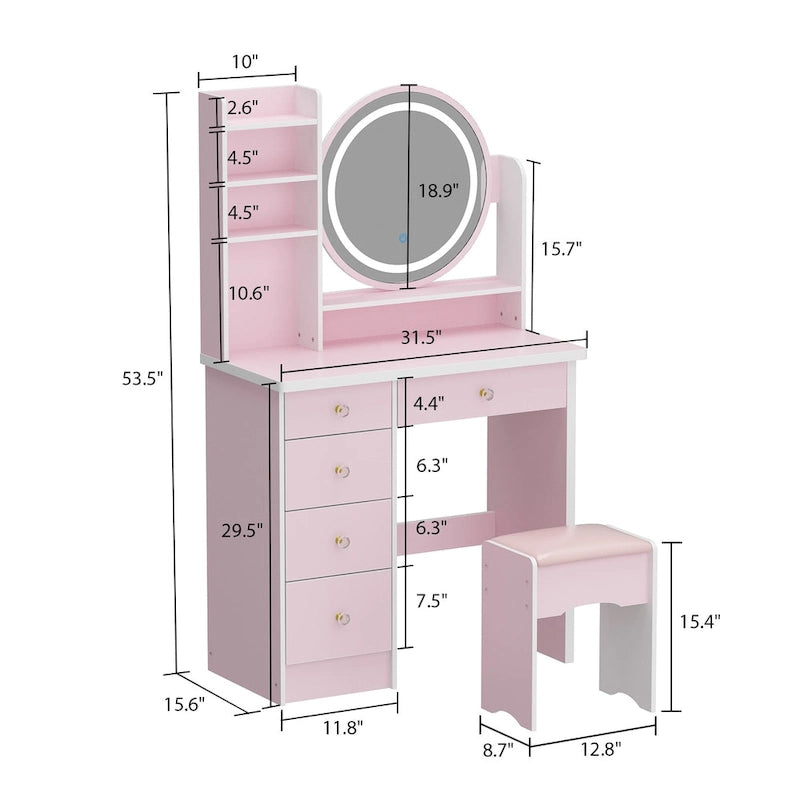 Coiffeuse 5 tiroirs avec miroir lumineux (ROSE/NOIR)