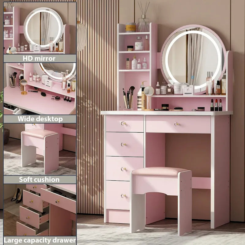 Coiffeuse 5 tiroirs avec miroir lumineux (ROSE/NOIR)