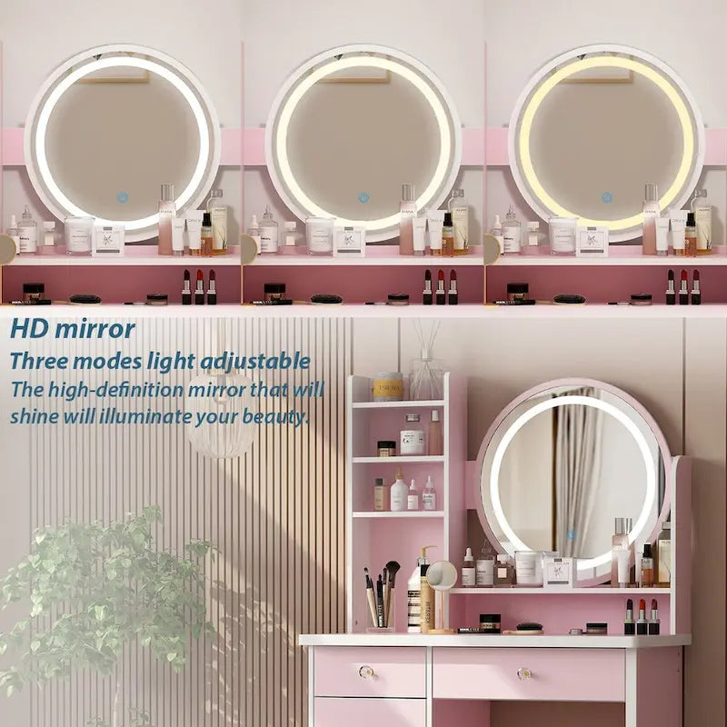 Coiffeuse 5 tiroirs avec miroir lumineux (ROSE/NOIR)