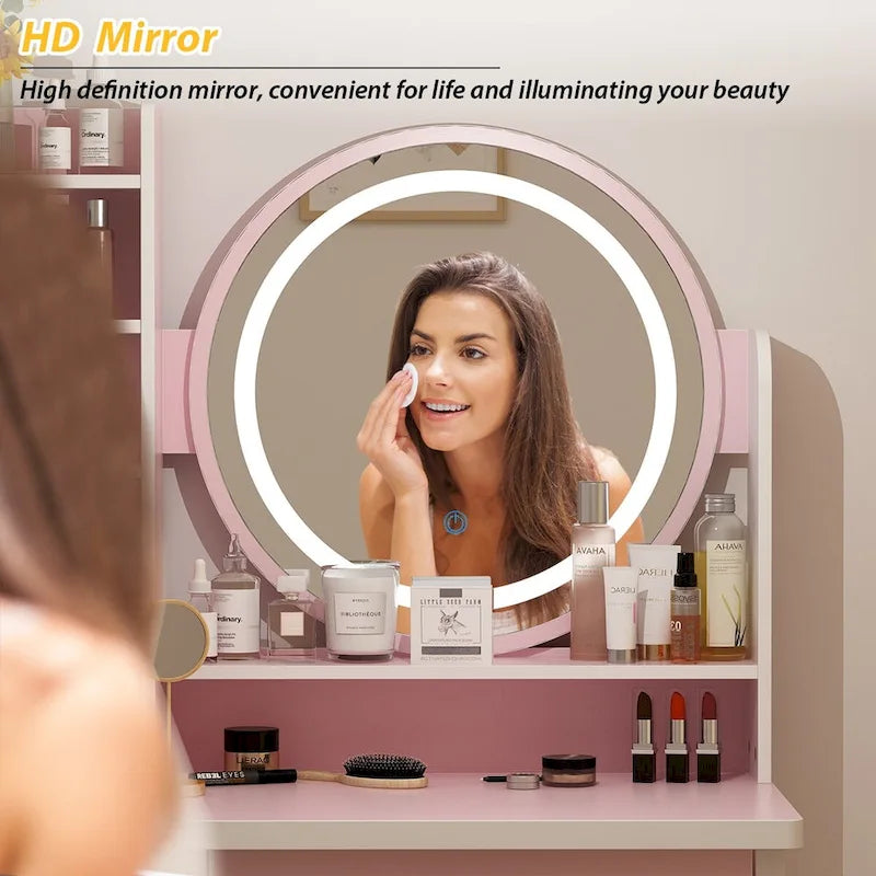 Coiffeuse 5 tiroirs avec miroir lumineux (ROSE/NOIR)