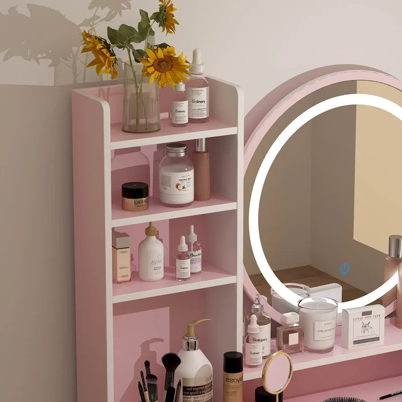 Coiffeuse 5 tiroirs avec miroir lumineux (ROSE/NOIR)