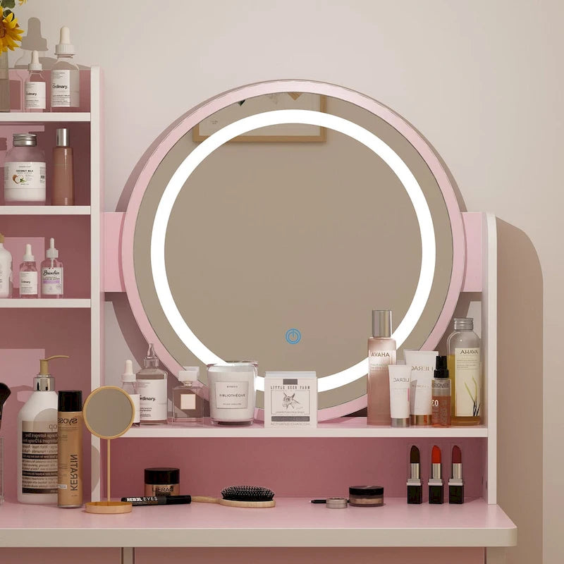 Coiffeuse 5 tiroirs avec miroir lumineux (ROSE/NOIR)