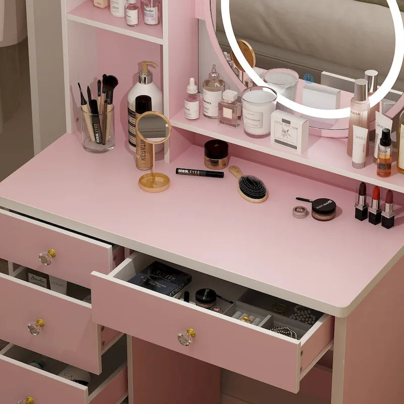 Coiffeuse 5 tiroirs avec miroir lumineux (ROSE/NOIR)
