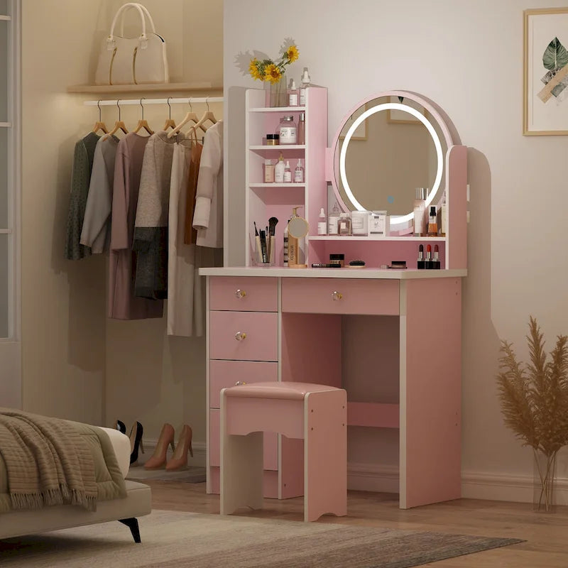 Coiffeuse 5 tiroirs avec miroir lumineux (ROSE/NOIR)
