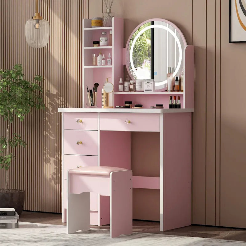 Coiffeuse 5 tiroirs avec miroir lumineux (ROSE/NOIR)