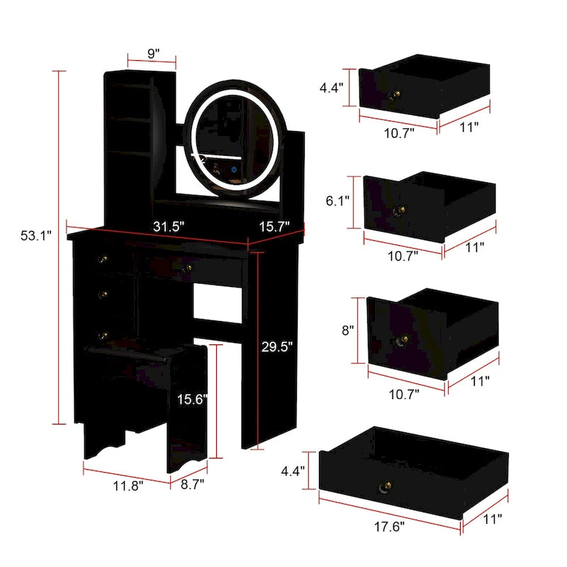 Coiffeuse 5 tiroirs avec miroir lumineux (ROSE/NOIR)