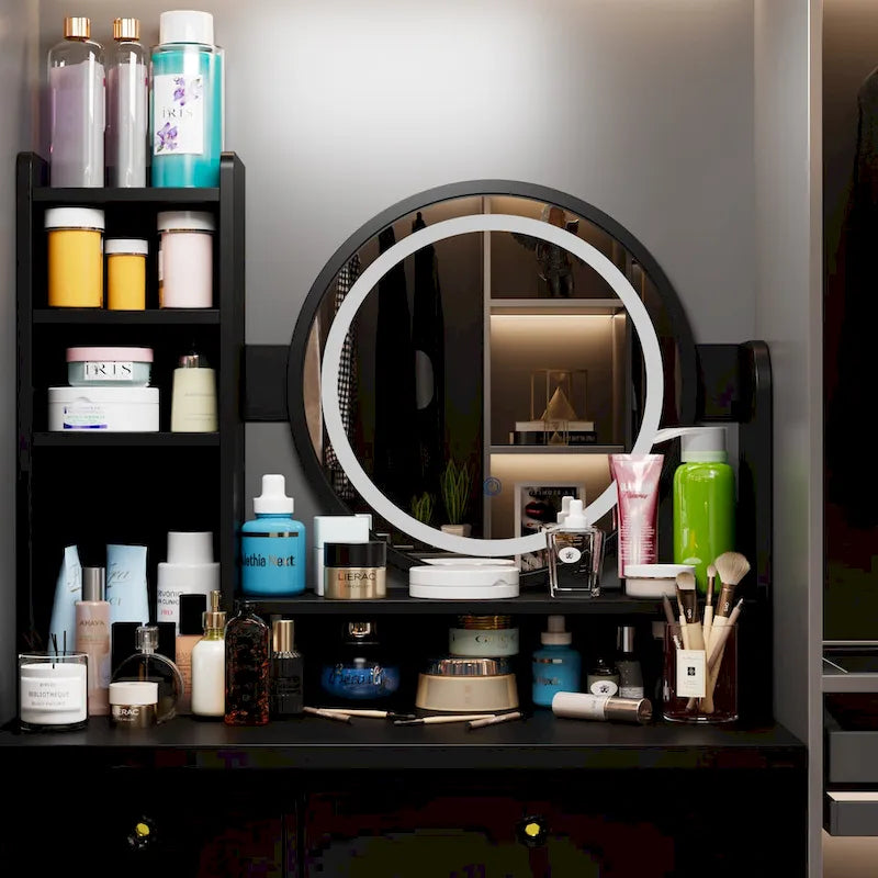 Coiffeuse 5 tiroirs avec miroir lumineux (ROSE/NOIR)