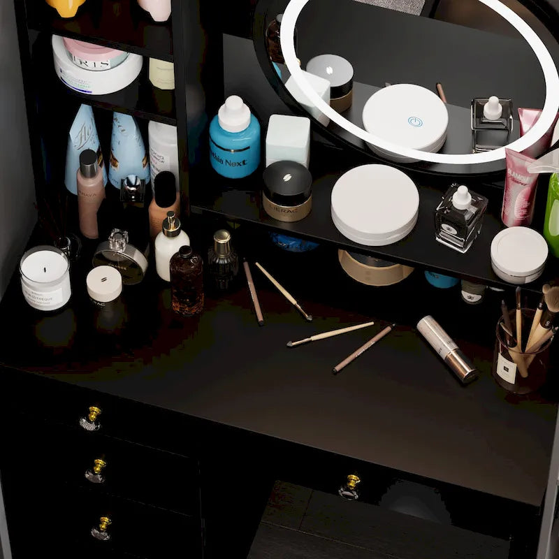 Coiffeuse 5 tiroirs avec miroir lumineux (ROSE/NOIR)