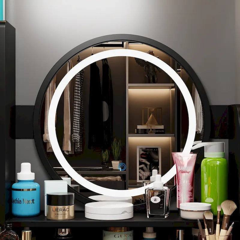 Coiffeuse 5 tiroirs avec miroir lumineux (ROSE/NOIR)