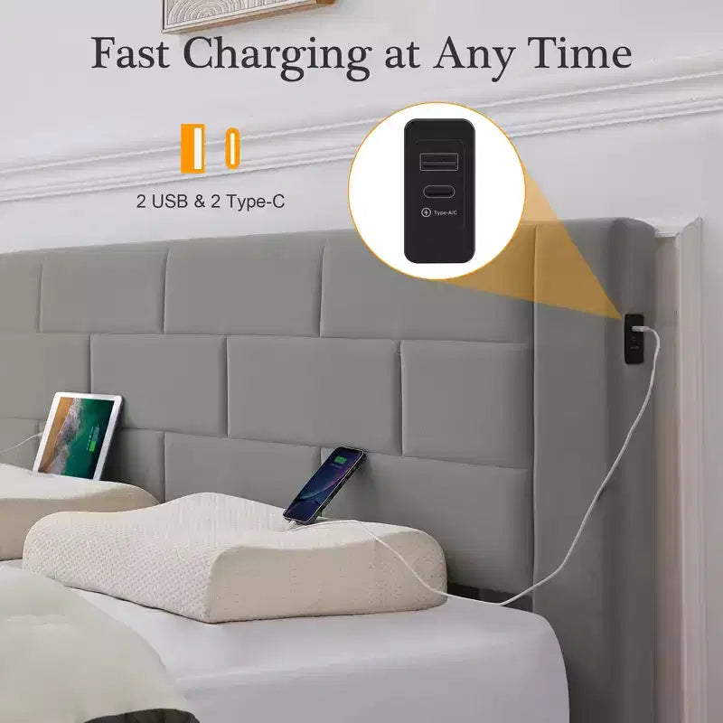 Cadre de lit plateforme rembourré VECELO avec chargement USB