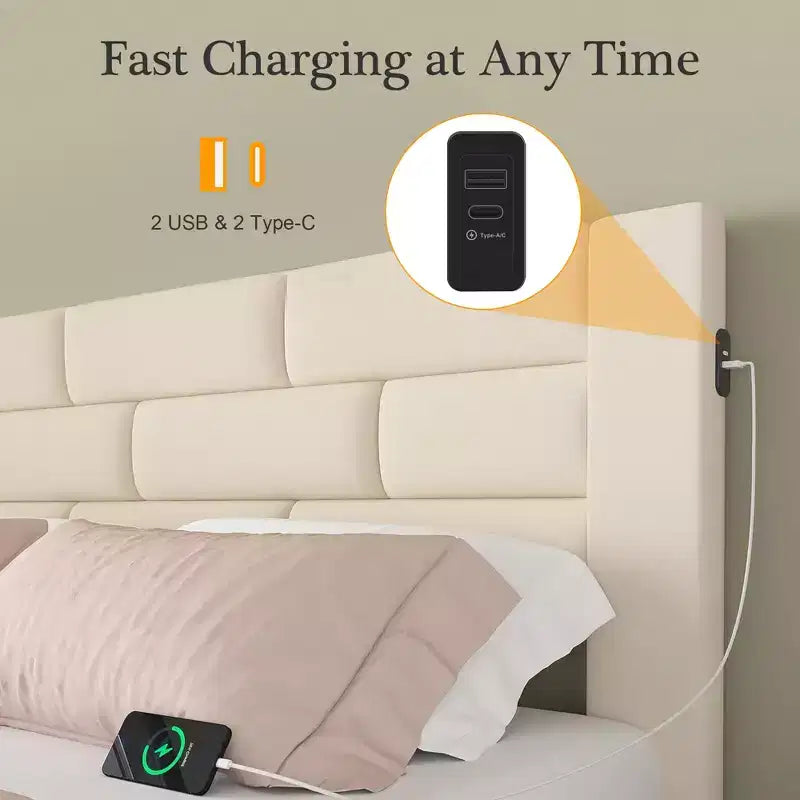 Cadre de lit plateforme rembourré VECELO avec chargement USB