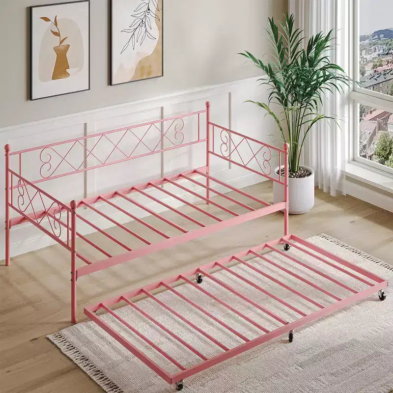 Lit de repos double en métal Whizmax avec lit gigogne, lit gigogne peu encombrant pour salon, chambre à coucher et chambre d'amis