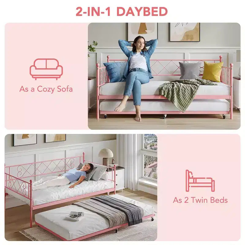 Lit de repos double en métal Whizmax avec lit gigogne, lit gigogne peu encombrant pour salon, chambre à coucher et chambre d'amis