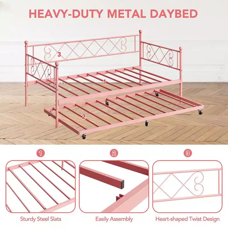Lit de repos double en métal Whizmax avec lit gigogne, lit gigogne peu encombrant pour salon, chambre à coucher et chambre d'amis