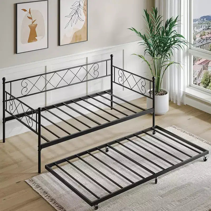 Lit de repos double en métal Whizmax avec lit gigogne, lit gigogne peu encombrant pour salon, chambre à coucher et chambre d'amis