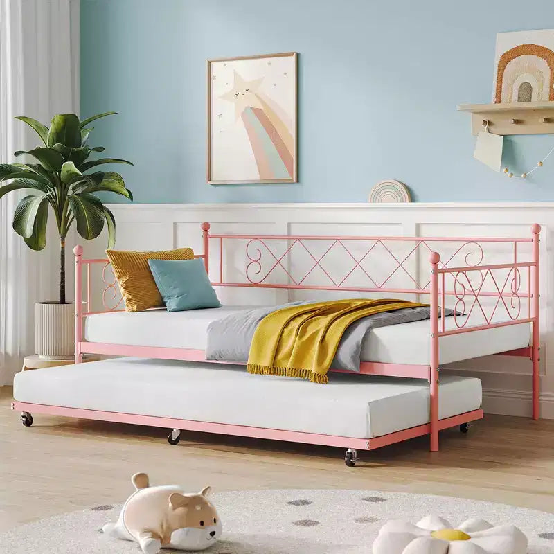 Lit de repos double en métal Whizmax avec lit gigogne, lit gigogne peu encombrant pour salon, chambre à coucher et chambre d'amis
