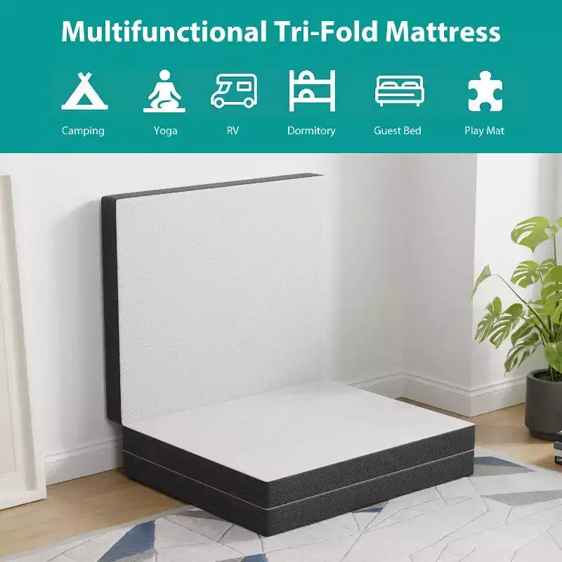 Matelas pliant de 7,6 cm FDW, surmatelas en mousse à mémoire de forme à trois volets, surmatelas pliant avec housse lavable pour le camping