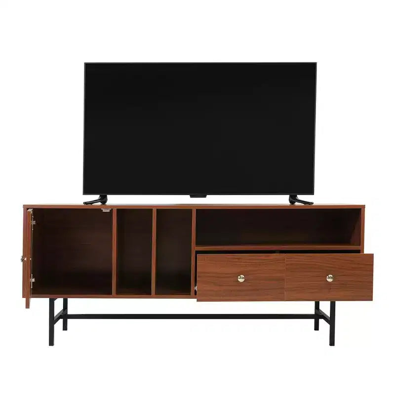 Meuble TV Rochester LeisureMod avec cadre en bois, rangement fermé et pieds en fer noir - Console média, salon, centre de divertissement moderne