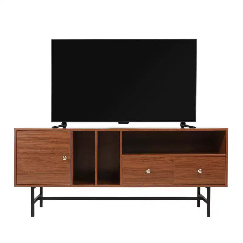 Meuble TV Rochester LeisureMod avec cadre en bois, rangement fermé et pieds en fer noir - Console média, salon, centre de divertissement moderne