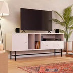Meuble TV Rochester LeisureMod avec cadre en bois, rangement fermé et pieds en fer noir - Console média, salon, centre de divertissement moderne