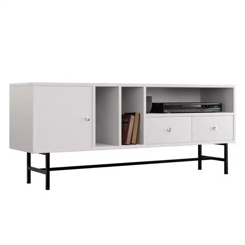 Meuble TV Rochester LeisureMod avec cadre en bois, rangement fermé et pieds en fer noir - Console média, salon, centre de divertissement moderne