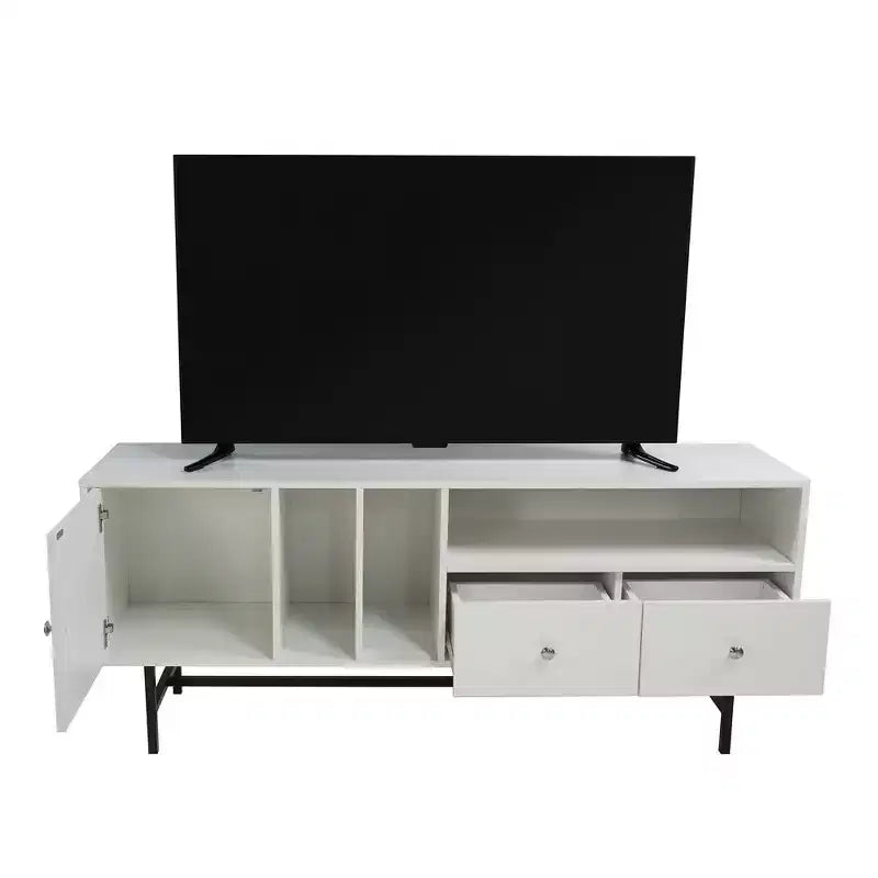 Meuble TV Rochester LeisureMod avec cadre en bois, rangement fermé et pieds en fer noir - Console média, salon, centre de divertissement moderne