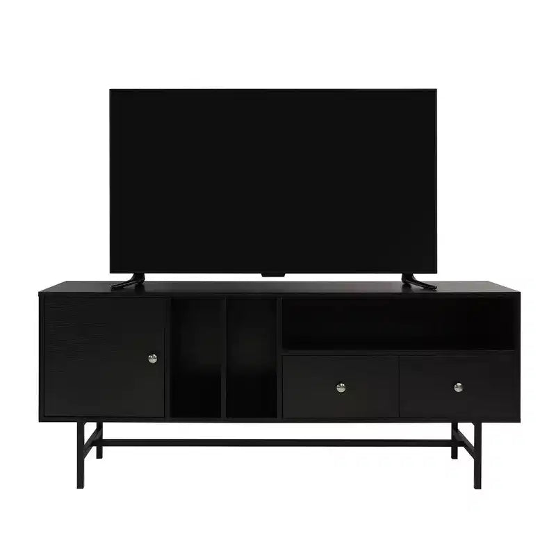 Meuble TV Rochester LeisureMod avec cadre en bois, rangement fermé et pieds en fer noir - Console média, salon, centre de divertissement moderne