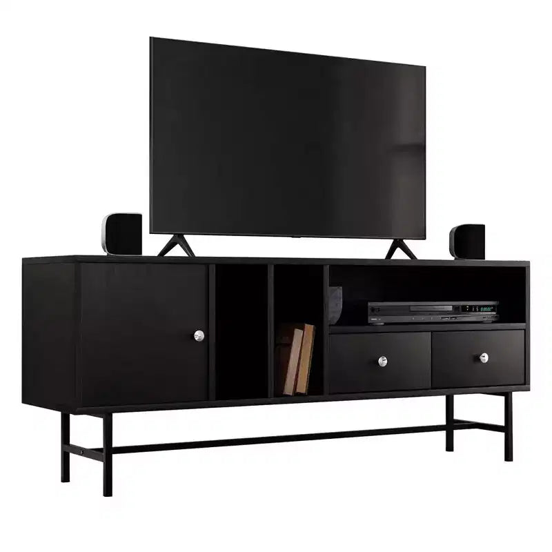 LeisureMod Rochester TV Stand with Wood Frame, Enclosed Storage, and Black Iron Legs  Media Console, Living Room, Modern Entertainment Center
