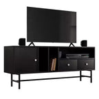 LeisureMod Rochester TV Stand with Wood Frame, Enclosed Storage, and Black Iron Legs  Media Console, Living Room, Modern Entertainment Center