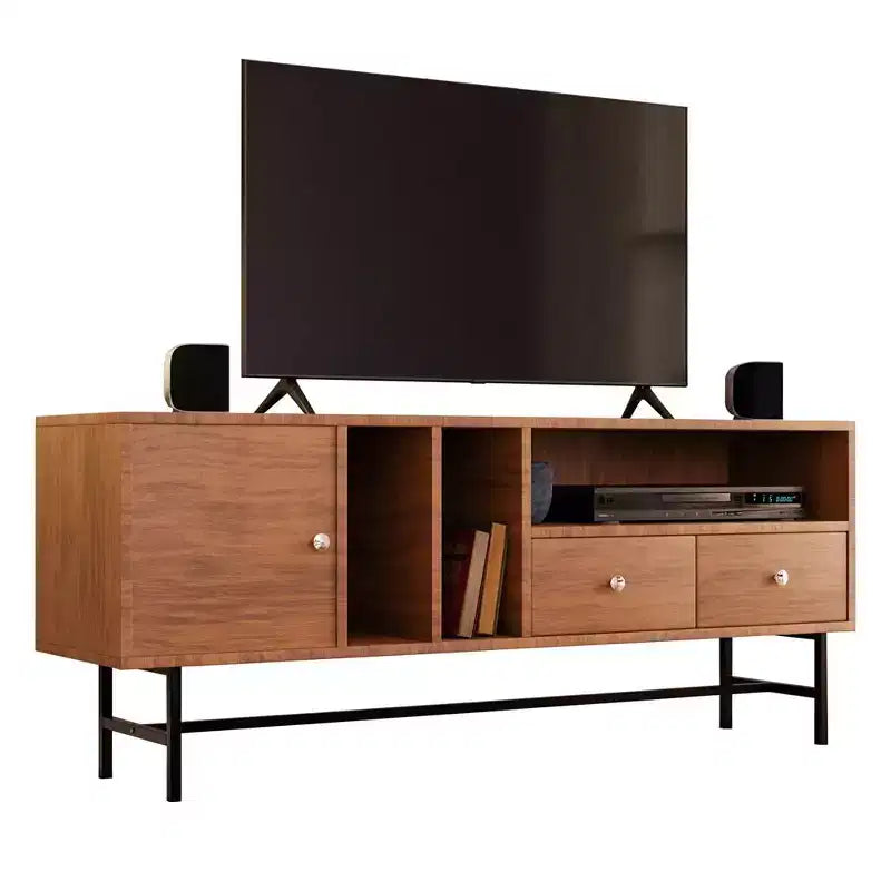 Meuble TV Rochester LeisureMod avec cadre en bois, rangement fermé et pieds en fer noir - Console média, salon, centre de divertissement moderne