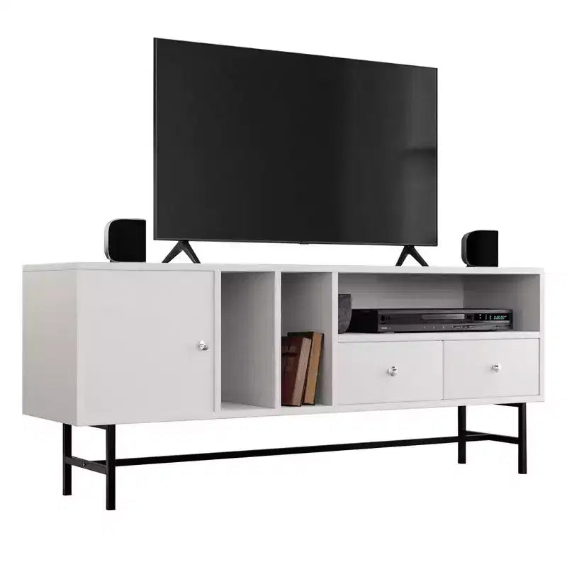 Meuble TV Rochester LeisureMod avec cadre en bois, rangement fermé et pieds en fer noir - Console média, salon, centre de divertissement moderne