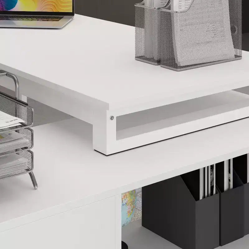 Bureau d'ordinateur d'angle en L rotatif Famapy avec tiroirs de rangement et étagères