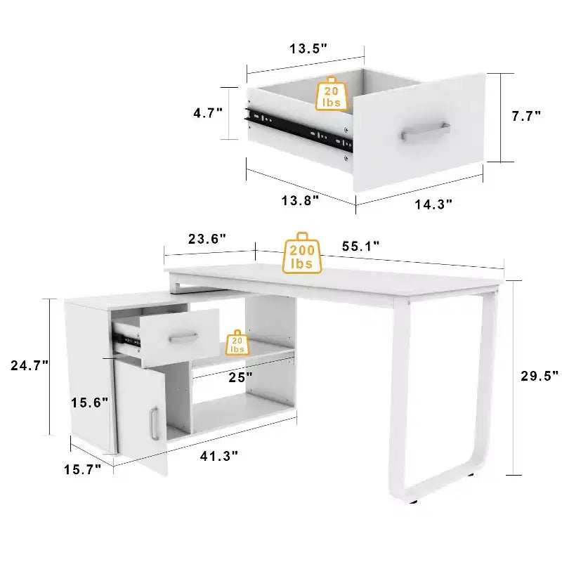 Bureau d'ordinateur d'angle en L rotatif Famapy avec tiroirs de rangement et étagères