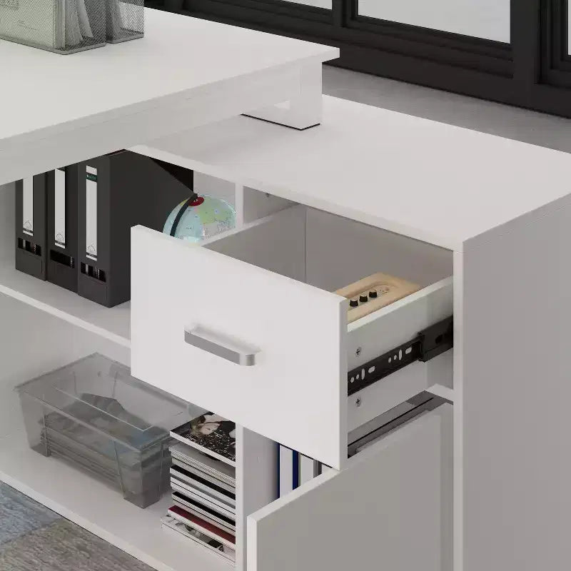 Bureau d'ordinateur d'angle en L rotatif Famapy avec tiroirs de rangement et étagères